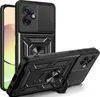 A black phone case with a ring holder and camera cover is displayed against a white background. Produktbild-Vorschau