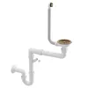 A white sink drain assembly with a beige sink strainer and a flexible hose. Produktbild-Vorschau
