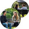 Two circular images of couples sitting on park benches, with one image showing a house in the background. Produktbild-Vorschau