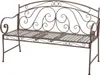 A brown metal garden bench with ornate scrollwork on a white background. Produktbild-Vorschau
