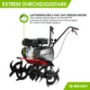 A garden tiller with descriptive text and branding. Produktbild-Vorschau