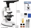 A white microscope with a smartphone attached to the top, shown with various accessories and a diagram of microscope parts. Voir les images du produit