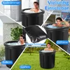 Collage of images showing a black inflatable ice bath tub in various settings: indoors (bathroom), on a terrace, on a balcony, and in a garden. Men are shown using the ice bath in some images. An inflatable pillow is also shown. Produktbild-Vorschau