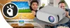 A collage showing a projector, a projection screen, and people reacting to a movie. Voir les images du produit