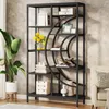 A black geometric bookshelf filled with books, plants, and decorative items, set against a textured gray wall. Voir les images du produit