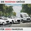 Three cars of different sizes (small, medium, and large van) are shown with size labels and dimensions, suggesting different product sizes. Produktbild-Vorschau