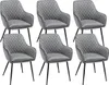A set of six gray upholstered dining chairs with diamond tufting and black metal legs are arranged in a grid formation against a white background. Produktbild-Vorschau