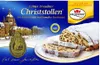 A box of traditional German Christmas cake, Christstollen, with a slice shown on a plate. Produktbild-Vorschau