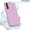 A purple phone case is shown with water splashing around it, suggesting it is water-resistant. Produktbild-Vorschau
