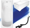 A white bathtub and its drainage system are shown against a blue background. Produktbild-Vorschau