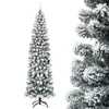 A full shot of a tall, slender artificial Christmas tree covered in artificial snow, standing on a black metal stand. The tree is shown against a plain white background. Produktbild-Vorschau