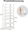 A collage showing a white shoe rack with dimension labels and two figures indicating height. Anteprima dell’immagine prodotto