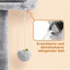 A close-up of a cat tree accessory, specifically a hanging ball toy, with a magnified inset showing the attachment mechanism. Produktbild-Vorschau