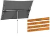 A rectangular umbrella shown from the underside, with its pole and frame visible. Text boxes with product features are placed to the right. Produktbild-Vorschau