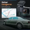 A dashcam is shown mounted on a car's windshield, with a map display and a car graphic. Produktbild-Vorschau