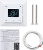 A white thermostat, two screws, and a coiled white wire with colored ends are arranged on a white background. Produktbild-Vorschau