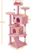 A pink cat tree with dimensions indicated by measurement lines and text. Produktbild-Vorschau