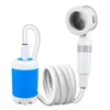 A portable camping shower with a pump and hose, shown against a white background. Produktbild-Vorschau