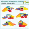 A collage of different configurations of colorful foam building blocks for children, including tunnels, stairs, and ramps. Produktbild-Vorschau