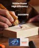 A person is using a rotary tool to engrave a piece of wood. There are informational text overlays and a diagram of a motor. Voir les images du produit