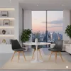 A modern dining room with a round white table and dark gray chairs, set against a large window with a city skyline view at dusk. Náhľad obrázku produktu