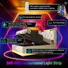 A bed with its storage compartment open, surrounded by colorful neon lights and marketing text. Náhľad obrázku produktu