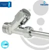A close-up of a chrome-plated plumbing valve with a pipe extending from it, set against a white and light gray background with graphic elements. Produktbild-Vorschau