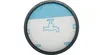 A round vacuum cleaner filter with a blue mesh top and a white filter material with a blue faucet pattern. Produktbild-Vorschau