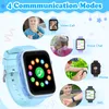 Collage of images showing a children's smartwatch and its features, including video calls, voice chat, phone calls, and SMS messages, with children using the watch in different scenarios. Produktbild-Vorschau