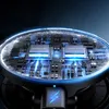 Close-up of electronic circuitry with glowing blue lights and a charging symbol. Podgląd zdjęcia produktu