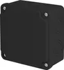 A black electrical junction box with multiple circular knockouts on the sides and top, secured with screws. Produktbild-Vorschau