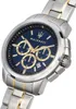 A close-up shot of a Maserati chronograph watch with a blue dial and a two-tone metal bracelet. Náhľad obrázku produktu