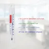 A thermometer showing temperature ranges and their corresponding uses. The thermometer itself is a clear plastic tube with red liquid and markings for degrees Celsius. Produktbild-Vorschau