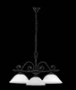 A black chandelier with three white glass shades hangs against a black background. Produktbild-Vorschau