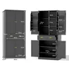 Two views of a dark gray cabinet with doors and drawers open, showing dimensions. Podgląd zdjęcia produktu