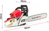 A white and red chainsaw with dimensions indicated by red lines and text. Podgląd zdjęcia produktu