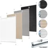 A display of pleated blinds in different colors, with a close-up of an aluminum profile. Produktbild-Vorschau