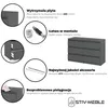 A collage of images showcasing features of a gray dresser, including material durability, ease of assembly, quality accessories, and care instructions. Podgląd zdjęcia produktu