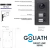 A diagram and product image with feature callouts for a GOLIATH Basic Line Series door intercom system. Produktbild-Vorschau