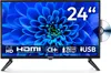 A black flat-screen television with a blue floral screen saver and product feature icons at the bottom. Produktbild-Vorschau
