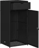 A black poly rattan garden cabinet with one drawer and two doors, shown with the doors open. Náhled obrázku produktu