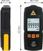 Two views of a black and yellow tachometer with a digital display and buttons, along with measurement indicators. Podgląd zdjęcia produktu