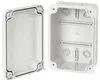 Two halves of a gray plastic junction box are shown against a white background. Produktbild-Vorschau
