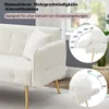 A close-up of a white sofa with gold legs, with inset diagrams showing adjustable angles. Náhled obrázku produktu