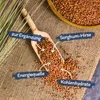 A wooden scoop filled with sorghum seeds is placed on a burlap cloth, with some grass stalks to the left and a bowl of sorghum seeds in the upper right corner. Text labels point to different aspects of the seeds. Produktbild-Vorschau