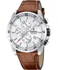 A close-up studio shot of a Festina chronograph watch with a silver dial and brown leather strap. Produktbild-Vorschau