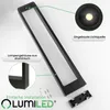 A black rectangular outdoor lamp frame with a close-up inset of the light source and another inset showing the aluminum casing. Text labels highlight features and installation. Produktbild-Vorschau