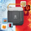 A PEME Ice-on cooler box is shown in the center, with various food items and drinks surrounding it, divided by a cold and hot theme. Náhľad obrázku produktu
