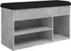 A shoe bench with storage compartments and a padded seat.