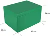 A green wooden chest with dimensions indicated by lines and text. Produktbild-Vorschau